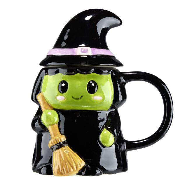 Mug Halloween 42cl sorci&egrave;re avec couvercle dolomite noir 14x9,5xH17cm