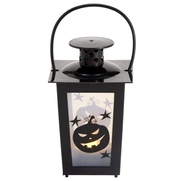 Lanterne Halloween LED d&eacute;cor citrouille plastique noir 7,5x7,5xH15,5cm (2 mod&egrave;les)