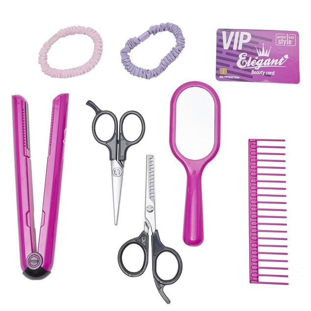 Set d'accessoires de coiffeuse 7 pi&egrave;ces avec trousse plastique rose