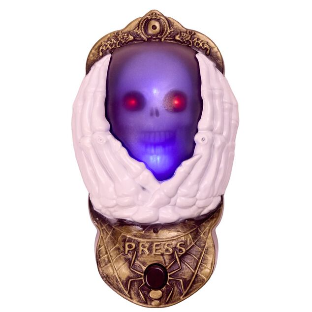 Sonnette de porte Halloween son et lumi&egrave;re 13x18,5cm (2 mod&egrave;les oeil ou t&ecirc;te de mort)