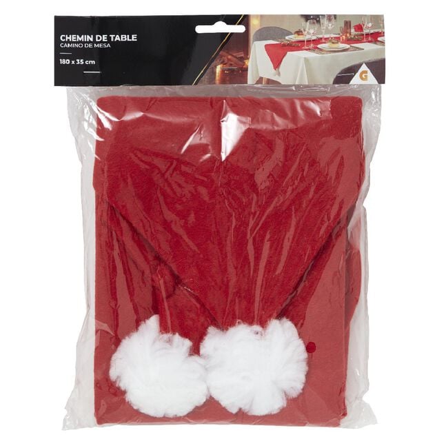 Chemin de table design bonnet de No&euml;l rouge et pompon blanc