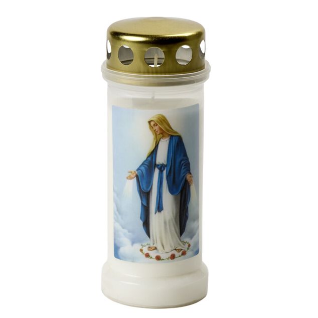 Bougie religieuse cire Vierge Marie plastique blanc &Oslash;6,5xH17cm