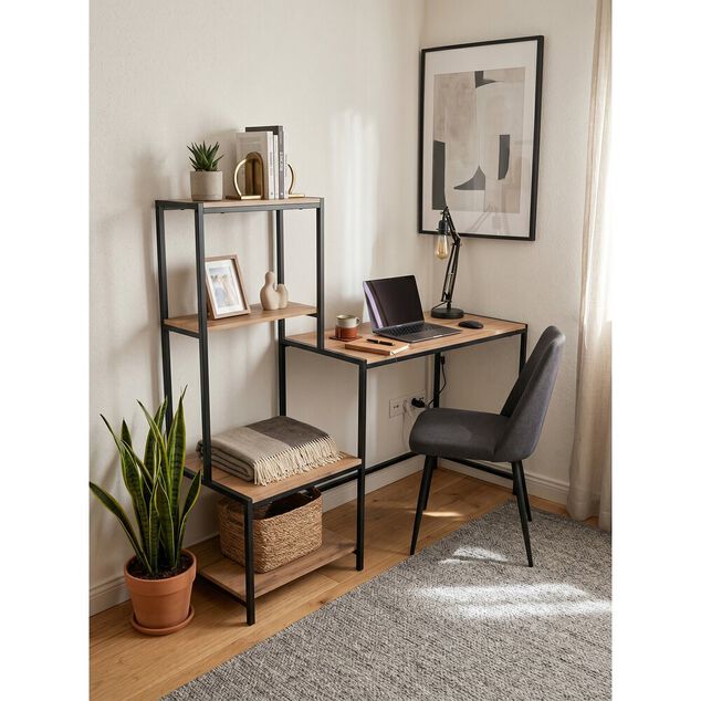 Bureau Luffi avec &eacute;tag&egrave;res bois naturel et m&eacute;tal noir 147x44xH125cm