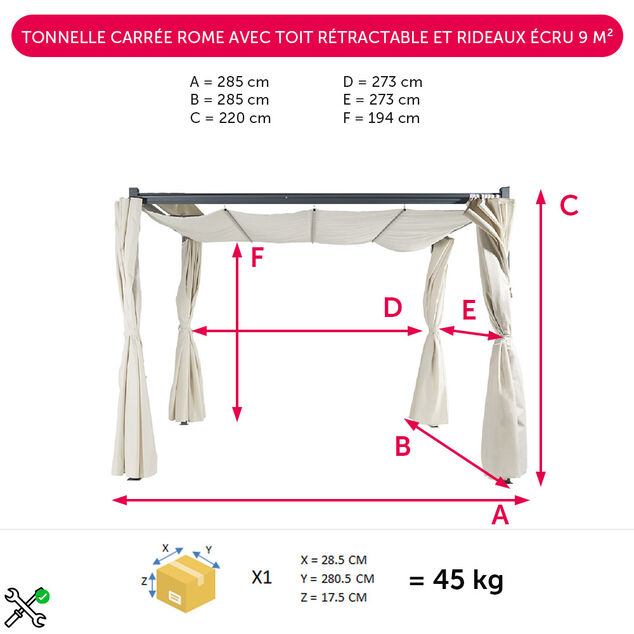 Tonnelle carr&eacute;e Rome toit r&eacute;tractable et rideaux &eacute;cru UPF50+ 285x285xH220cm 8,1m&sup2;