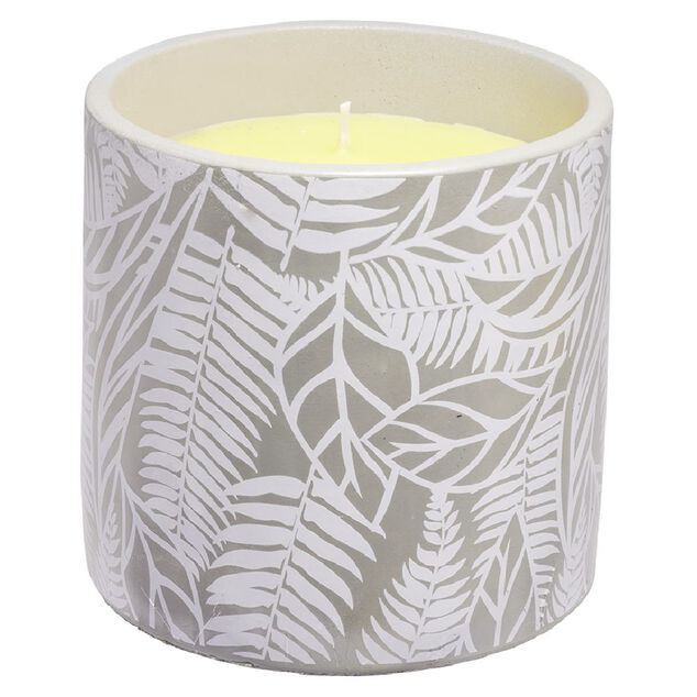 Bougie citronnelle dans pot de ciment imprim&eacute; feuillage