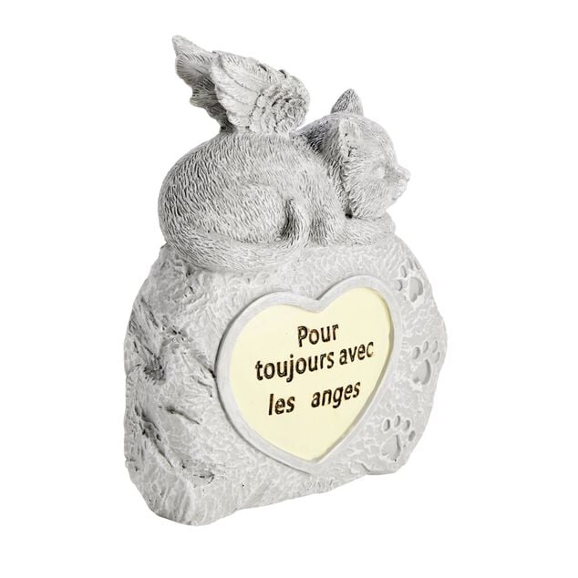 Plaque fun&eacute;raire LED avec chat polyr&eacute;sine gris 13x5xH18cm