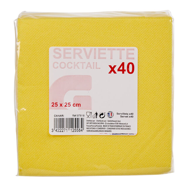 Serviette cocktail jetable 2 plis jaune canari x40