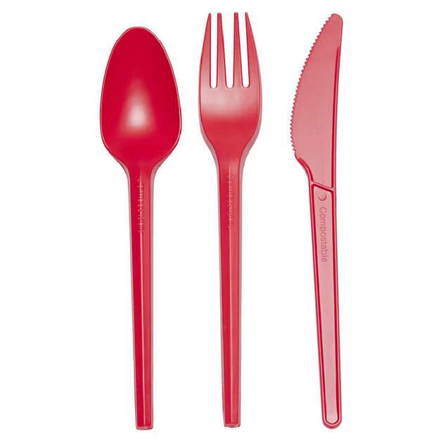 M&eacute;nag&egrave;re  r&eacute;utilisable rouge 18 couverts &agrave; base d'amidon de ma&iuml;s