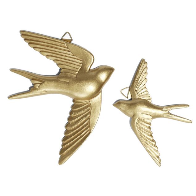 Lot de 2 oiseaux hirondelles d&eacute;coration murale r&eacute;sine dor&eacute;e