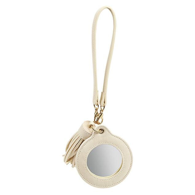 Porte-cl&eacute; miroir avec pompon gris ou beige