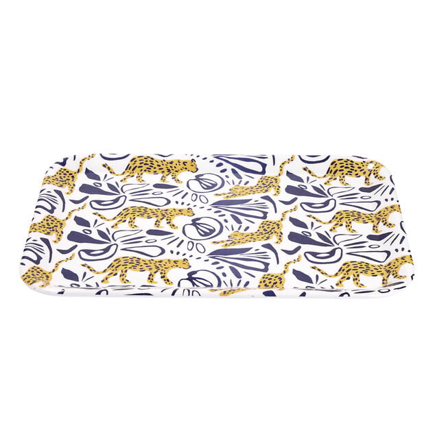 Plateau rectangulaire motif l&eacute;opard blanc et bleu 27x38cm