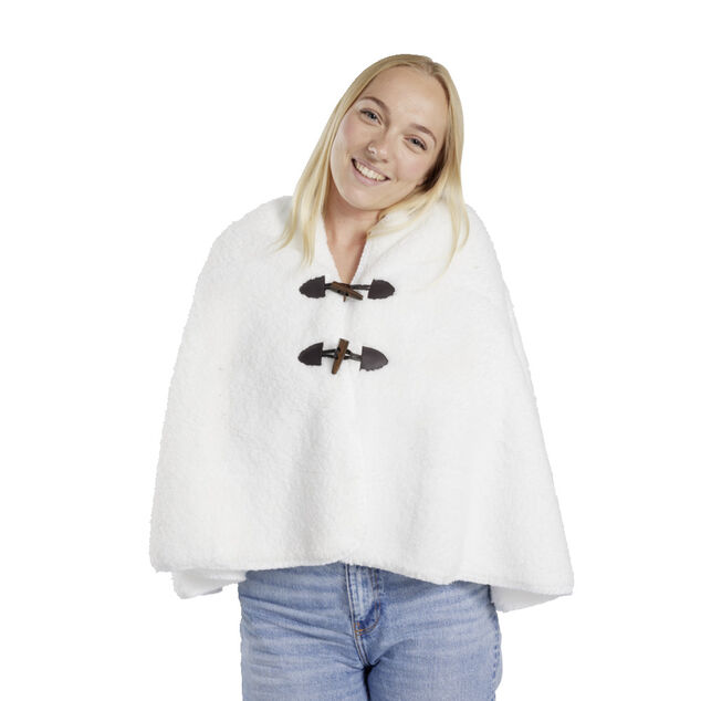 Veste plaid ch&acirc;le moutonn&eacute; blanc 75x150cm avec boutons &agrave; brandebourg