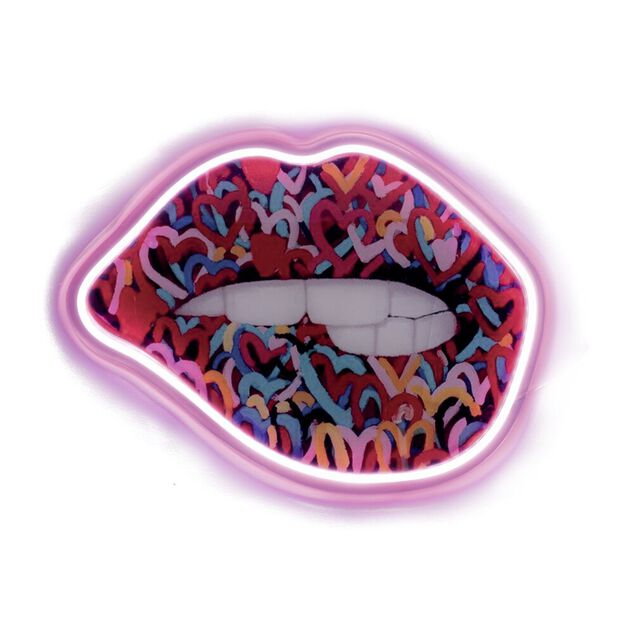 Tableau forme bouche street art PVC avec contour n&eacute;on rose 30x40cm