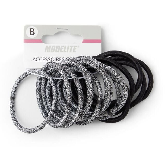 Lot de 15 &eacute;lastiques &agrave; cheveux polyester noir et blanc aspect chin&eacute;