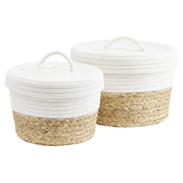 Pani&egrave;re avec couvercle coton jute blanc et naturel petit mod&egrave;le &Oslash;22xH15cm