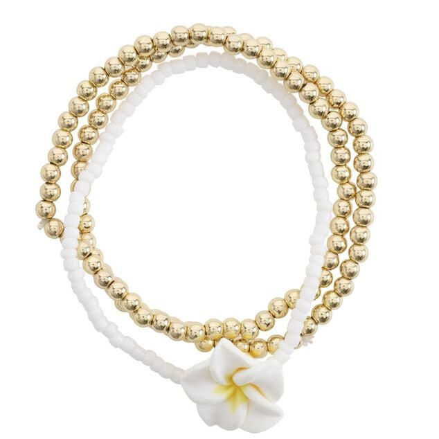 Bracelet x3 perles blanches et dor&eacute;es avec fleur de tiar&eacute;