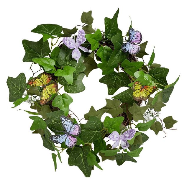 Couronne déco printemps lierre artificiel et papillons Ø45cm