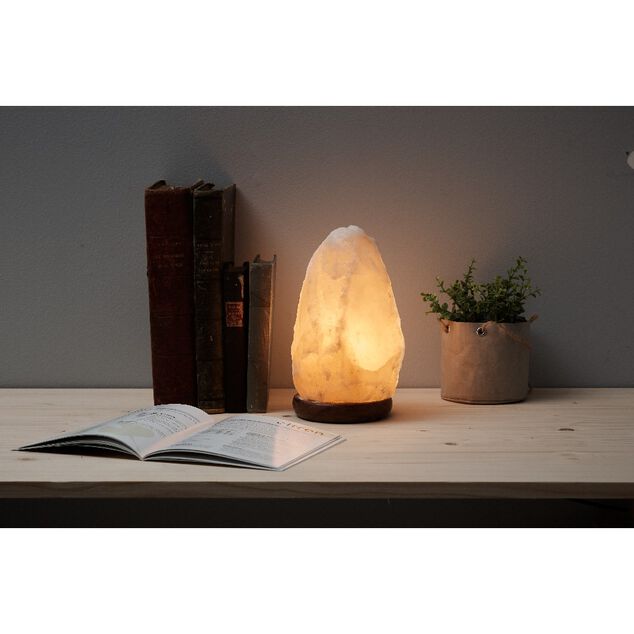 Lampe pierre de sel de l'Himalaya Mess&eacute;gu&eacute; socle bois &Oslash;13xH24cm