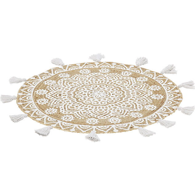 Tapis rond à franges jute naturel motif rosace blanc