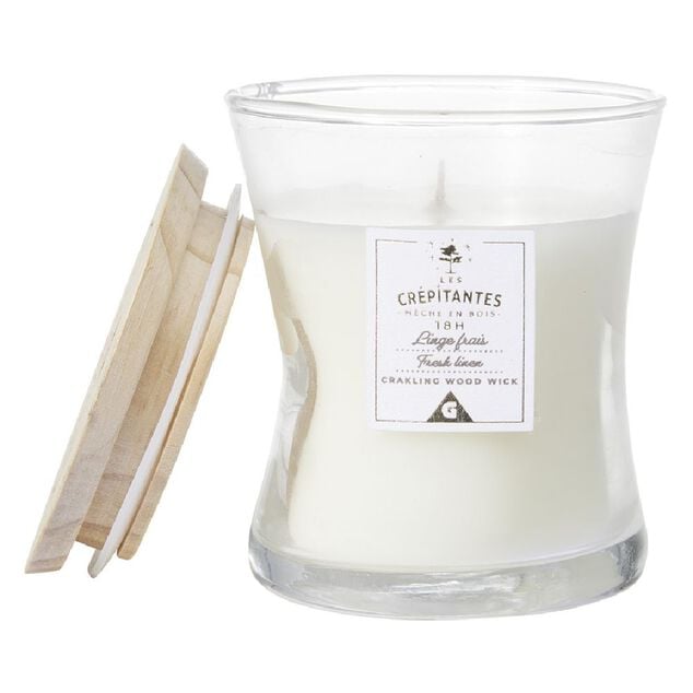 Bougie parfum&eacute;e blanche Les cr&eacute;pitantes senteur linge frais 18H