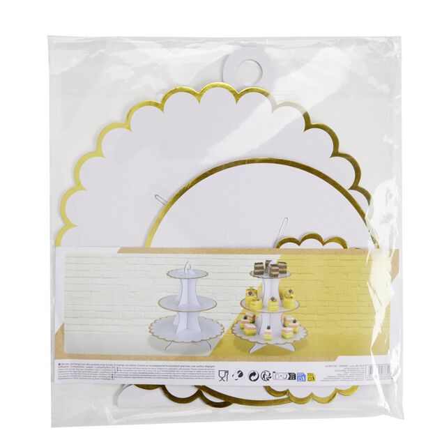 Pr&eacute;sentoir &agrave; g&acirc;teau carton blanc rebord dor&eacute; &Oslash;30xH32,5cm