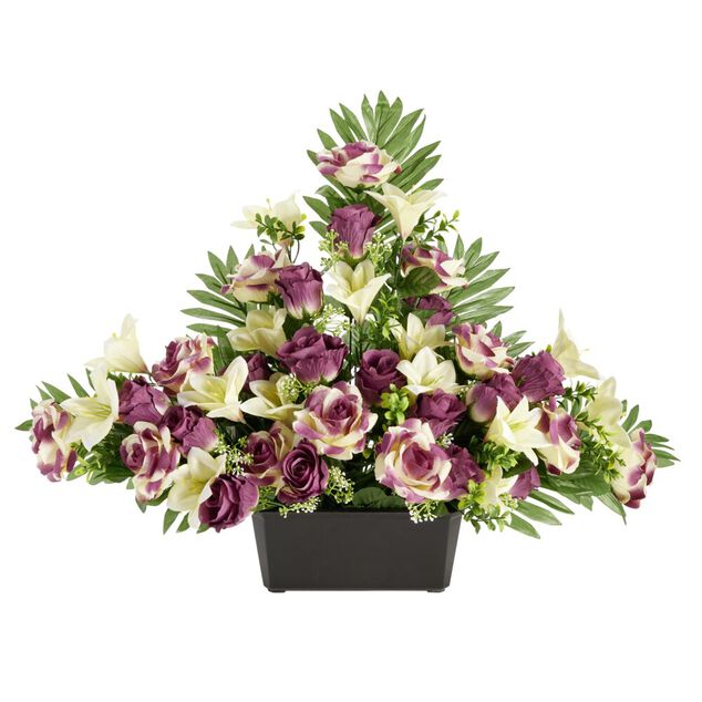 Composition florale artificielle roses et lys fuschias jardini&egrave;re L76xH46cm