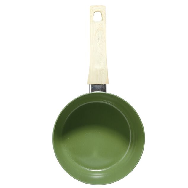 Casserole rev&ecirc;tement c&eacute;ramique vert olive poign&eacute;e effet bois &Oslash;18cm tous feux