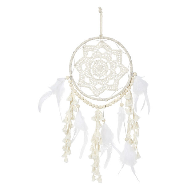 Attrape r&ecirc;ves macram&eacute; perle plume beige et blanc