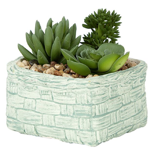Plante grasse artificielle pot c&eacute;ramique style panier effet pierre