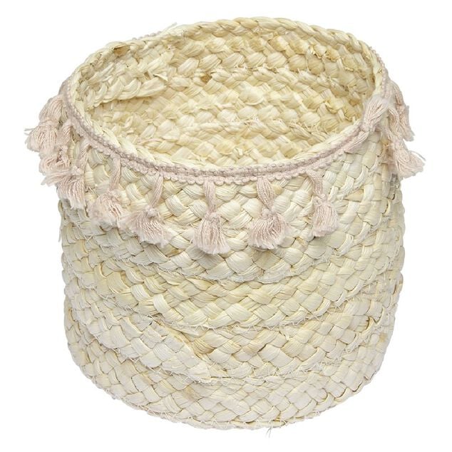 Pani&egrave;re ronde en jonc naturel avec pompons rose &Oslash;19 cm