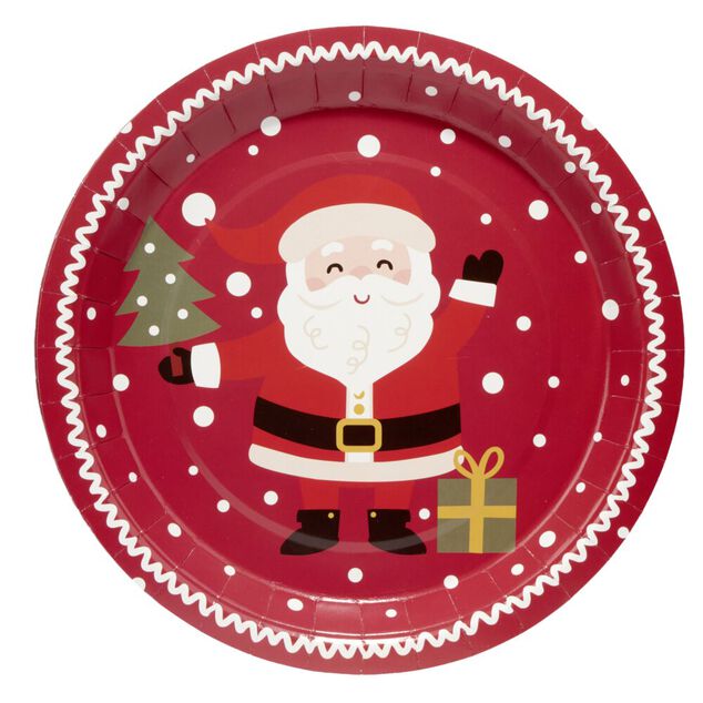 Assiette en carton X8 pcs imprim&eacute; P&egrave;re No&euml;l &Oslash;23XH1,5 cm rouge