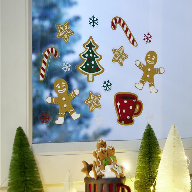 D&eacute;coration fen&ecirc;tre No&euml;l &eacute;lectrostatique bonhomme de neige ou pain d'&eacute;pices