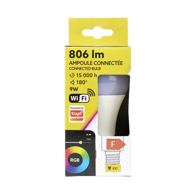 Ampoule LED connect&eacute;e couleurs changeantes RGB 180&deg; E27 806lms 9W