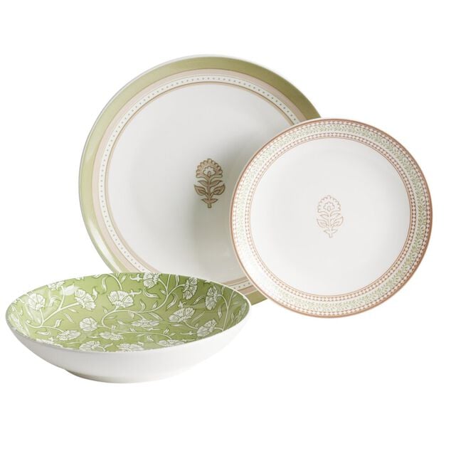 Service vaisselle porcelaine 4 personnes 12 pi&egrave;ces motif floral vert et beige