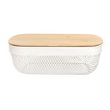 Corbeille cuisine 3L m&eacute;tal grillag&eacute; blanc avec couvercle bambou 28x18xH9cm