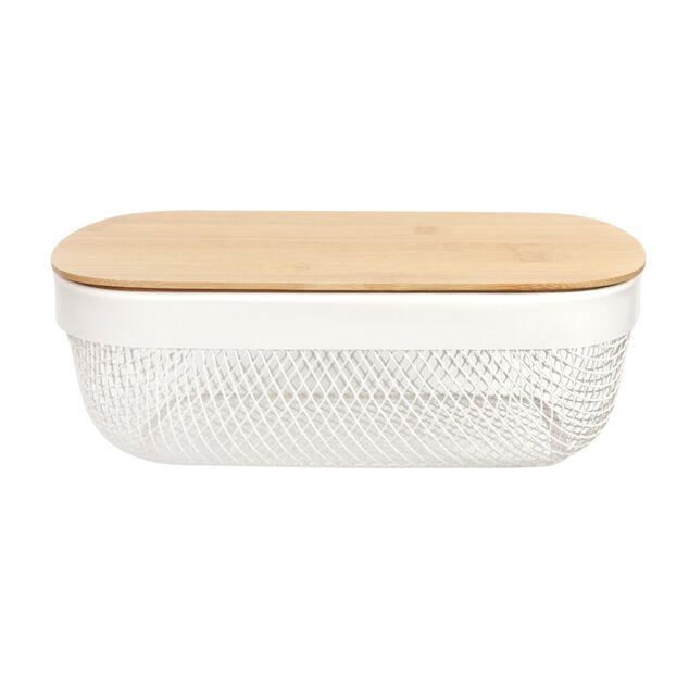 Corbeille cuisine 3L m&eacute;tal grillag&eacute; blanc avec couvercle bambou 28x18xH9cm