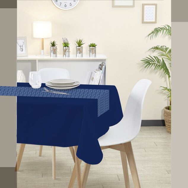 Nappe rectangulaire avec chemin de table imprim&eacute; bleu 6/8 personnes