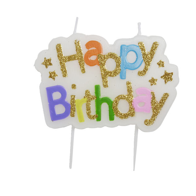 Bougie anniversaire Happy Birthday bannière multicolore et doré