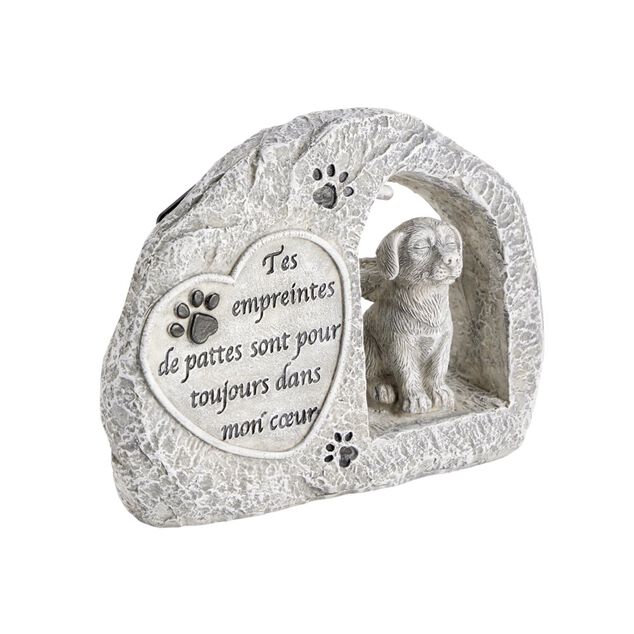 Plaque fun&eacute;raire solaire LED avec chien polyr&eacute;sine gris 15x5xH11,5cm
