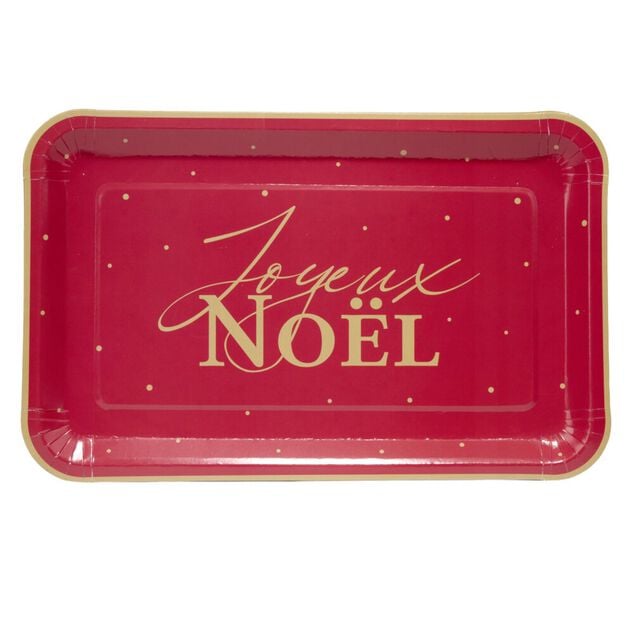 Plateau rectangulaire X8 pcs inscription Joyeux No&euml;l L30X19XH1,5 cm rouge