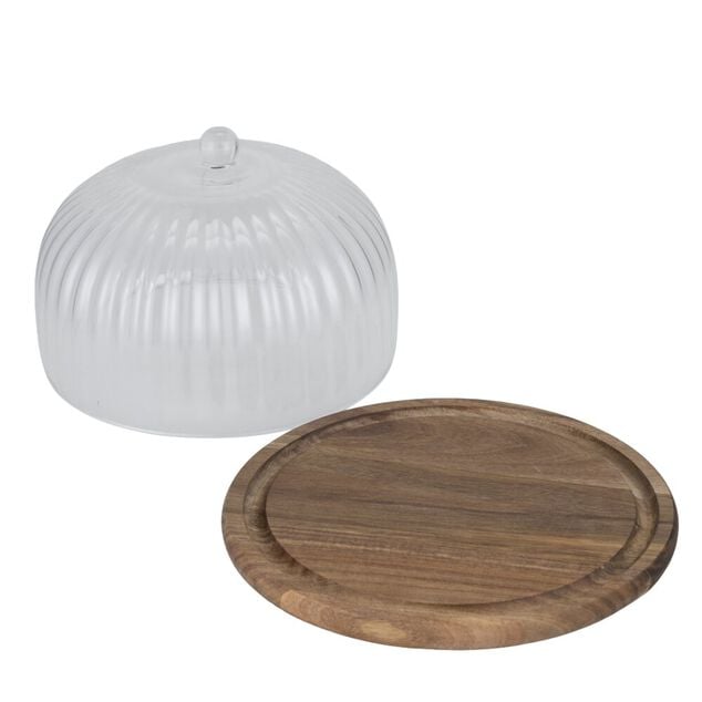 Plateau de pr&eacute;sentation rond en bois sous cloche en verre &Oslash;25xH15cm