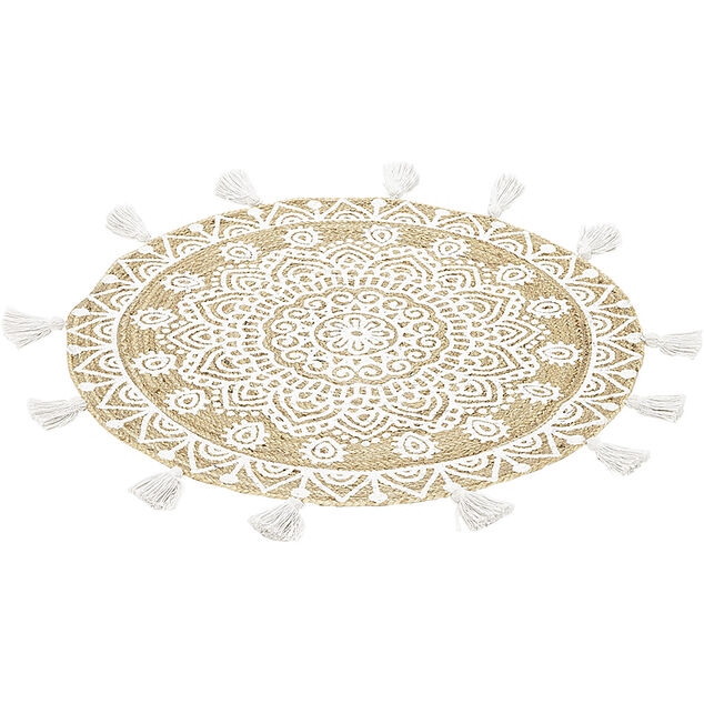 Tapis rond &agrave; franges jute naturel motif rosace blanc