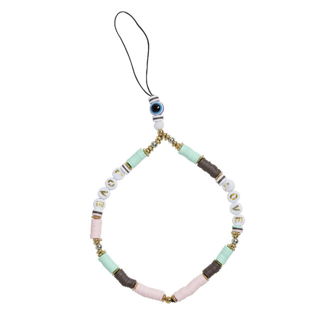 Bijou de t&eacute;l&eacute;phone perles dor&eacute; blanc vert L17cm