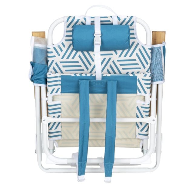 Chaise de plage pliante poign&eacute;es bambou poches lat&eacute;rales blanc et bleu 66x58xH81cm