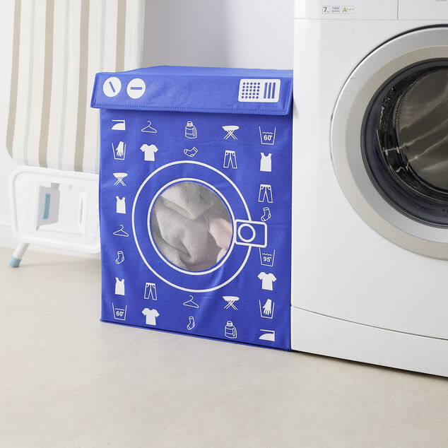 Panière de rangement à linge décor machine à laver bleu 44x35x55cm