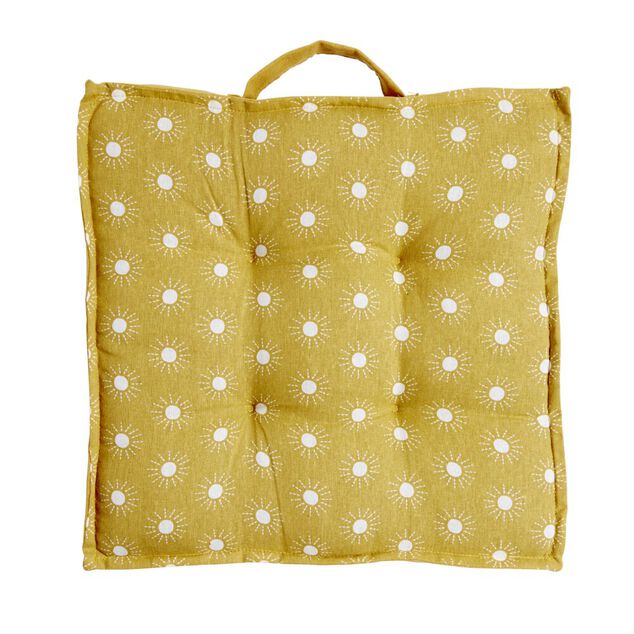 Coussin de sol carr&eacute; jaune moutarde motifs pois blancs 40x40cm