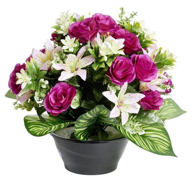 Composition florale artificielle roses lys eucalyptus vasque &Oslash;38xH35cm