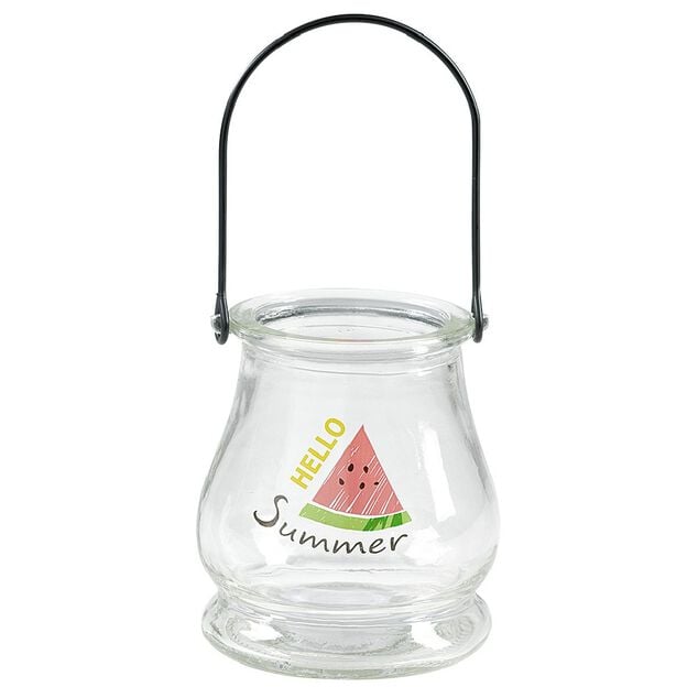 Lanterne d&eacute;co &eacute;t&eacute; en verre et anse en m&eacute;tal