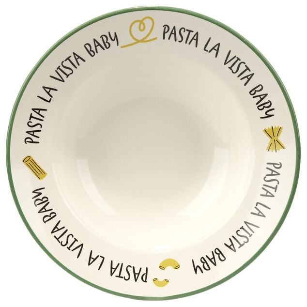 Assiette &agrave; p&acirc;tes ronde Pasta la vista Baby fa&iuml;ence blanc liser&eacute; vert &Oslash;26xH6,5cm