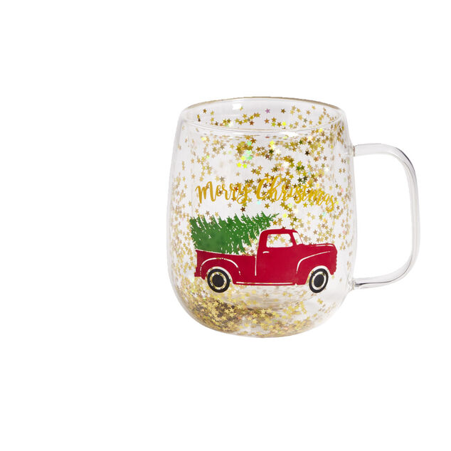 Mug No&euml;l verre transparent paillettes dor&eacute;es 350ml